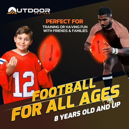 Outdoor Cruiser Light Up Football - Waterproof Rubber Construction, Glow in the Dark, Glows Up to 30 Hrs with Tap Activation, Complete Set with Pump & Spare Batteries, Official Size 6, for Ages 8-15