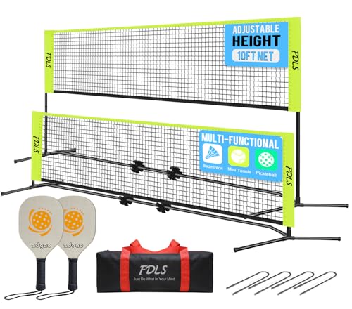 FDLS 10FT Portable Badminton Pickleball Net with Carry Bag for Indoor Outdoorl Height Adjustable| Easy Set up - style: Yellow&Green(2 Paddles)
