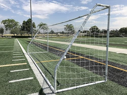 PASS Premier 18.5 X 6.5 Ft. Official Youth Regulation Steel Soccer Goal. 2"""" Diameter Steel Frame w/Durable 4mm Net, Ground Stakes, Elastic Clasp & Re-Usable Ties.White