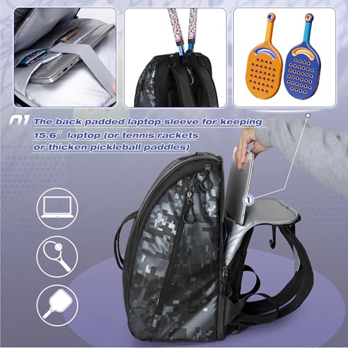 Smasrob Pickleball Bag Fits 4 Pickleball Paddles, Pickleball Backpack with Laptop Pocket, Shoe Compartment and Fence Hook - color: Black