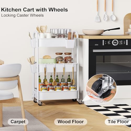 3 Tier Rolling Cart Metal with Wheels, Heavy Duty White Three Tiered Craft Cart Organizer on Wheels, Utility Roller Storage Carts for Art, Baby Nursery, Diaper Caddy, Snack,Book,Nail,Cleaning Supplies - color: Pure White