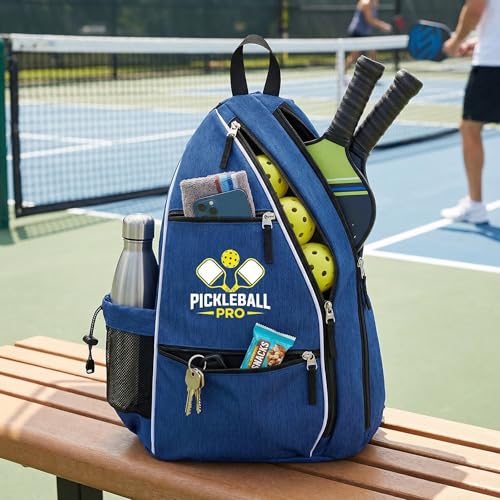 Personalized Pickleball Bag - Custom Paddle Backpack with Name or Logo, Crossbody Reversible Sling for Men & Women with Fence Hook and Water Bottle Holder - color: Blue