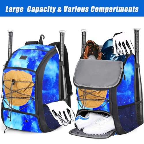 MATEIN Baseball Backpack, Softball Bat Bag with Shoes Compartment for Youth, Boys and Adult, Lightweight Baseball Bag with Fence Hook Hold TBall Bat, Batting Mitten, Helmet, Caps, Teeball Gear - color: Galaxy Blue, size: 29L