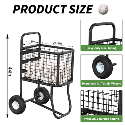 GARVIN Baseball Cart with Wheels – Heavy-Duty Powder-Coated Steel Frame, Holds 300+ Baseballs or 150 Softballs, 10.5" All-Terrain Wheels, Ball Transport Cart for Field & Training