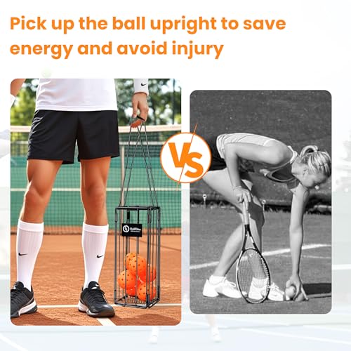 Foldable Tennis Ball Hopper - Collapsible Design Holds 25 Tennis or 16 Pickleballs, Dual Spring Pickup, No Assembly Portable Basket for Easy Storage & Court Practice