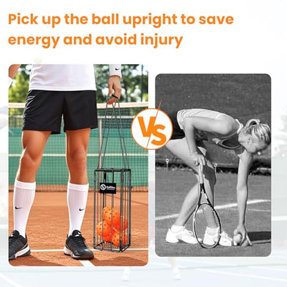 Foldable Tennis Ball Hopper - Collapsible Design Holds 25 Tennis or 16 Pickleballs, Dual Spring Pickup, No Assembly Portable Basket for Easy Storage & Court Practice