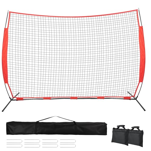 7x7/16x10/20x10ft Backstop Net, Ball Stop Net with Handbag,Fix Sports Net Barrier by 4 Spike&2 Sandbag,Sports Practice Barrier Net for Baseball,Softball,Lacrosse Train,Backstop Net for Backyard - style: 16X10ft red