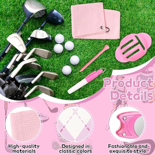 Golf Accessories Kit Golf Club Cleaning Kit Club Groove Cleaner Brush Divot Repair Tool Golf Towel with Clip Ball Bag with Hook Ball Alignment Kit Marking Pen Golf Gift Set Women - color: Pink
