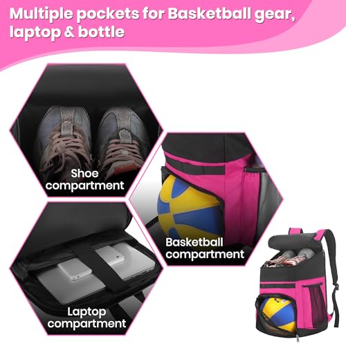 Hsmihair Basketball Backpack Large Sports Bag for Men&Youth,Gym Bag with Separate Ball & Shoes Compartment,Travel Bag for Basketball,Soccer,Volleyball - color: Pink