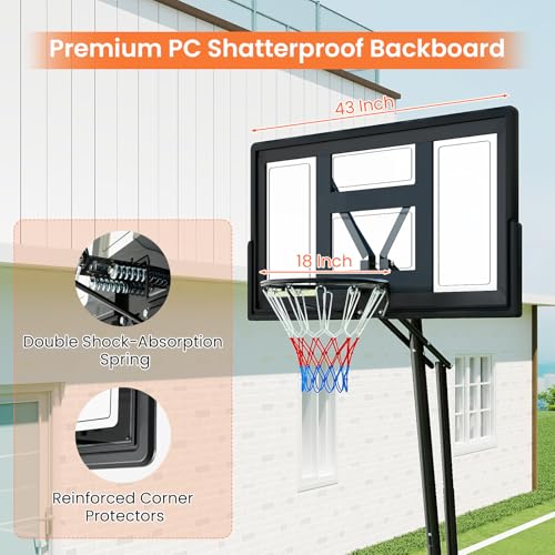 Goplus Outdoor Basketball Hoop, 7.7-10 FT Height Adjustable Tool-Free Basketball Goal System with 43 Inch PC Backboard, Rebound Board, Portable Wheels for Adults in Court, Backyard, Driveway