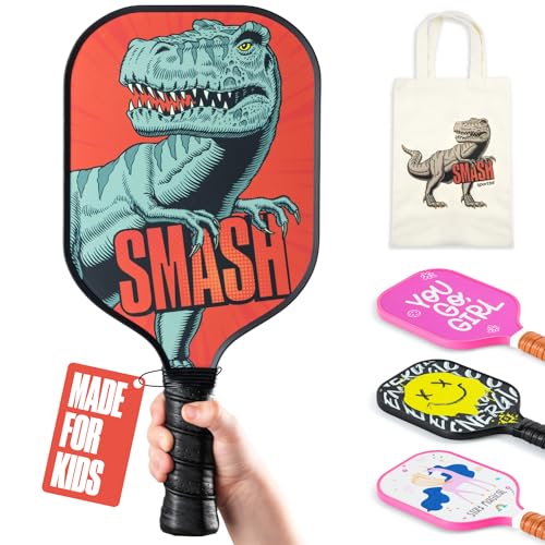 Sportbit Kids Pickleball Paddles Set of 1 or 2 - Child Size Pickleball Paddle for Kids Small and Lightweight - Carbon Fiber Youth Pickleball Paddle Set with Bag for Children Under 12. - color: 1-pack Dino