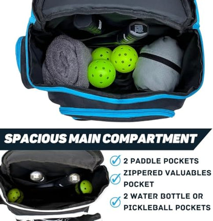 Pickleball Bag for Men and Women - Fits 2 to 4 Paddles - Shoe Compartment, Fence Hook, Storage Pockets for Water Bottles, Pickleballs, Clothing, Racquet/Paddle Storage - Pickle Ball Backpack