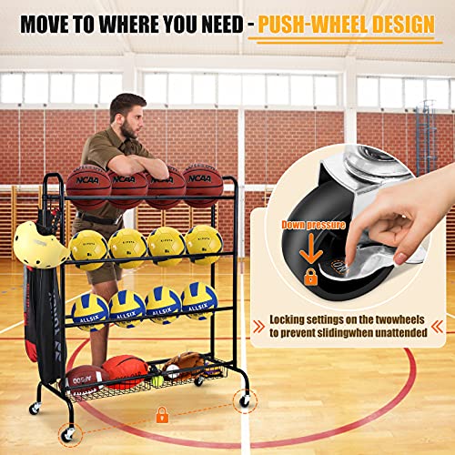 FHXZH Ball Storage Garage, Basketball Racks, Ball Holder, Rolling Sports Equipment Storage Cart with Baskets and Hooks, Garage Sports Equipment Organizer with Wheels