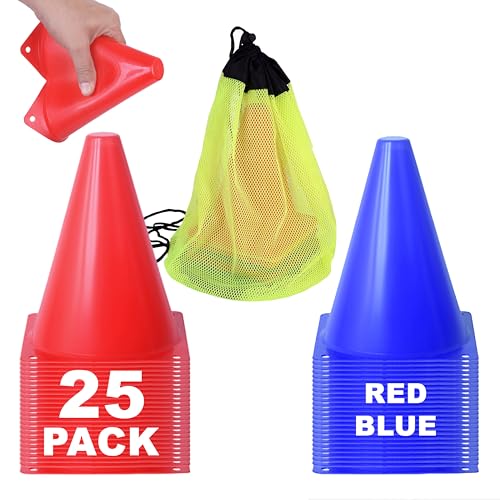Athllete Cones for Sports Training, 7 Inches Tall & Visible, Durable and Easy to Handle Sports Cones, Ideal for All Kinds of Training Cones Activities and Field Practice Sport - color: 25 Pack, Red / Blue