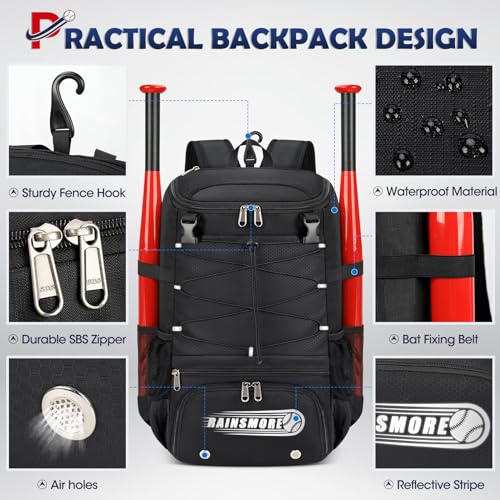 RAINSMORE Baseball Bag for Youth & Adult Lightweight Softball Bat Bag with Shoe Compartment, External Helmet Holder and Fence Hook Waterproof Baseball Backpack Hold T-Ball, Bat and Softball Equipment - color: Black