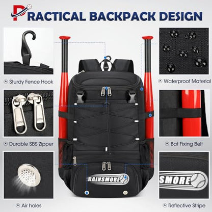 RAINSMORE Baseball Bag for Youth & Adult Lightweight Softball Bat Bag with Shoe Compartment, External Helmet Holder and Fence Hook Waterproof Baseball Backpack Hold T-Ball, Bat and Softball Equipment - color: Black