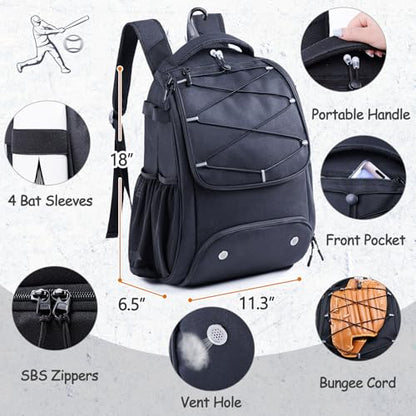 Youth Baseball Bag Backpack with Bat Holder for Boys Girls Baseball & Softball Bat Bag for T-Ball Equipment, Kids Baseball Backpack with Shoe Compartment & Glove Storage - color: Black
