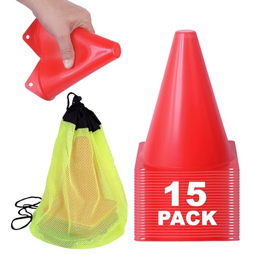 Athllete Cones for Sports Training, 7 Inches Tall & Visible, Durable and Easy to Handle Sports Cones, Ideal for All Kinds of Training Cones Activities and Field Practice Sport - color: 15 Pack, Red