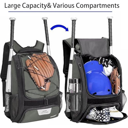 DAFISKY Baseball Bag Softball Backpack - Youth Adult T Ball Bat Equipment Bag with Bat Helmet Holders, Shoe Compartment - color: Grey