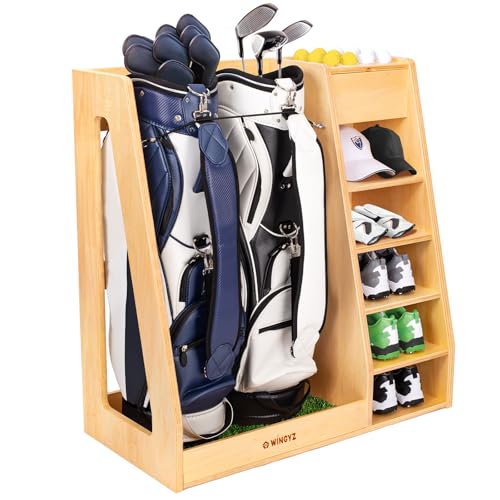 WINGYZ Premium Birch Plywood Golf Bag Storage for 2 Bags | 36lb Rock-Solid Golf Bag Organizer | 7-Shelf Command Center | Artificial Turf 12-Ball Display | No Wall Mounting Required (Natural) - color: Natural