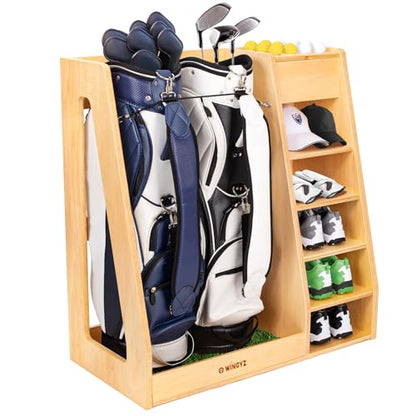 WINGYZ Premium Birch Plywood Golf Bag Storage for 2 Bags | 36lb Rock-Solid Golf Bag Organizer | 7-Shelf Command Center | Artificial Turf 12-Ball Display | No Wall Mounting Required (Natural) - color: Natural