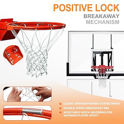 Basketball Hoop Garage Wall Mounted Adjustable-Height, with 60''x36''Tempered Glass Backboard, Pro-Style Breakaway Rim, Durable Bracket and All Weather Net