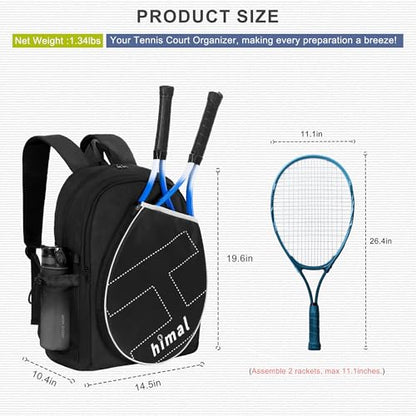 uniHimal Tennis Bag Tennis Backpack for Men Women, Large Capacity Holds 2 Rackets with Ventilated Shoe Compartment and Insulated Pocket - color: Bright Black