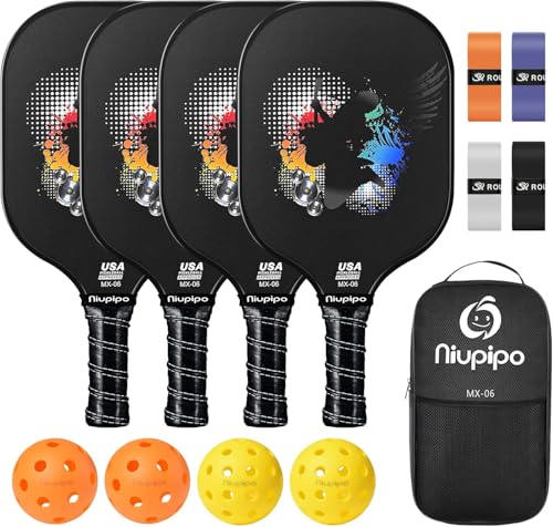 niupipo Pickleball Paddles Set of 2/4/1, USAPA Approved Carbon Fiber & Fiberglass Hybrid, Easy Power, Polypropylene Honeycomb Core, Cushioned 4.72" Grip, Bag/Cover, Pickleball Paddle Set for Men Women - color: Black*4