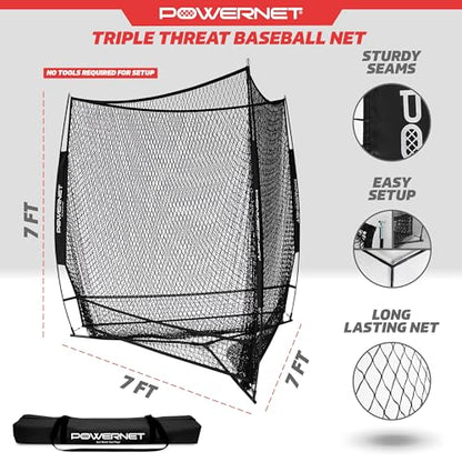 PowerNet Triple Threat Baseball Net, 3 Way 7' x 7' Batting, Hitting & Pitching Net Covers 147 Sq Ft, Softball Baseball Training Equipment, Baseball Practice Net - color: Black