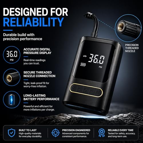 Portable Bike Air Compressor – Mini Electric Tire Pump with Auto Shut-Off, Multi-Valve Compatible, Rechargeable Tire Inflator for Bikes, Cars & E-Bikes