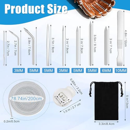 Anglekai 21PCS Baseball Glove Lace Needles Kit, Softball Glove Repair Lace Kit, 8PCS Needles/ 78 in Leather Strip/ 10 Locks/Bag (Grey White)