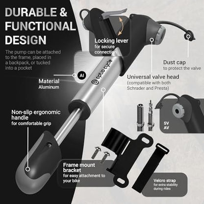 Mini Bike Pump 120 PSI / 8.3 Bar – Compact Portable Frame-Mounted Bicycle Hand Air Pump for Presta and Schrader Valve | Small Manual Tire Tool for Road, Track, Mountain Bike, BMX, Ebike - color: Silver