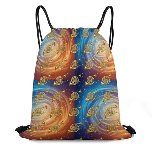 Gym Drawstring Bag Sports Sackpack Waterproof String Backpack with Shoe Compartment for Hiking Swimming Training, Gold French Horns Musical Instrument Blue Yellow Bags - color: Picture (628)