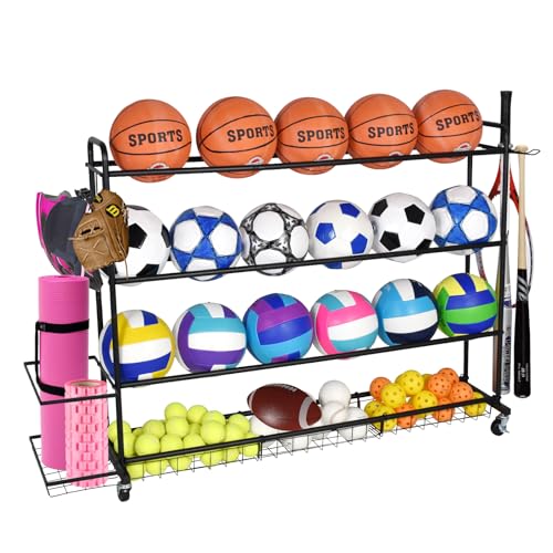 Basketball Rack, Shooting Training Rolling Ball Stand, Garage Organizer with Wheels, 4-Layer Sports Equipment Storage Holder with Baskets and Hooks for Soccer Baseball Footballs Volleyball