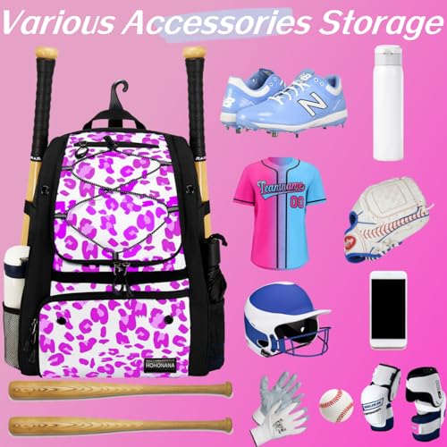 Youth Softball Equipment Bag with Vented Shoe Compartment, Baseball Bat Bag, Fence Hook, for Batting Mitten, Helmet, Teeball Gear, Adult Boys Girls Kids - color: Pink Leopard