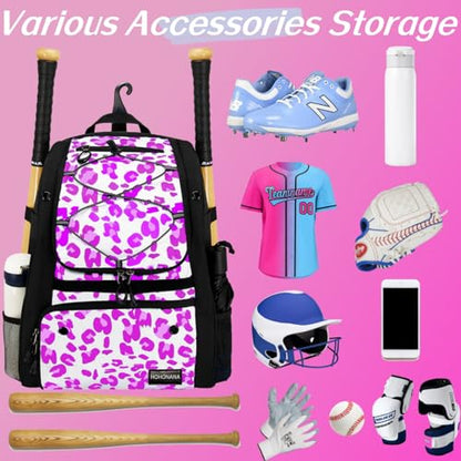 Youth Softball Equipment Bag with Vented Shoe Compartment, Baseball Bat Bag, Fence Hook, for Batting Mitten, Helmet, Teeball Gear, Adult Boys Girls Kids - color: Pink Leopard