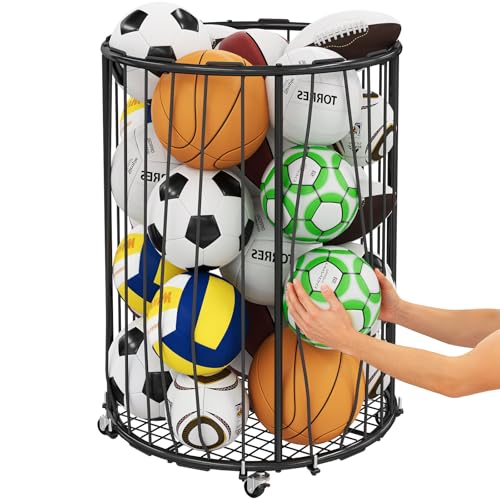 Hencawima Garage Ball Storage: Round Sports Equipment Organizer with Wheels, Sports Ball Rack With Elastic Rope, Ball Holder for Basketball, Soccer, Volleyball, Football, Garage, Gym, Outdoor (Black)