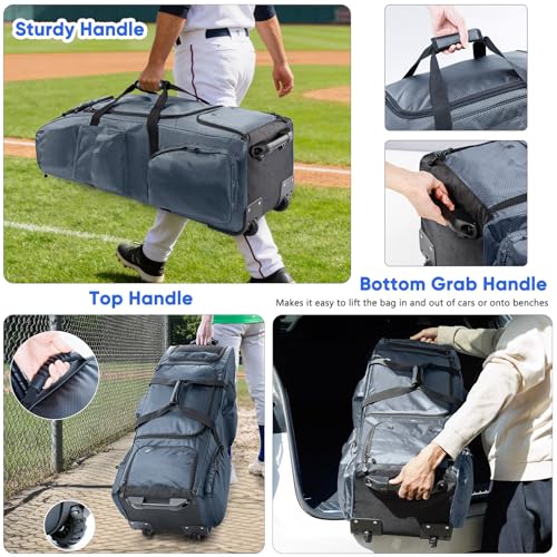 Large Rolling Baseball Catchers Gear Bag with Wheels, Softball Bag with Hard Backing for 4 Bats,Equipment Bag with Separate Shoe & Helmet Compartments, Youth Baseball Bag with 360° Spinner Wheels - color: Grey, size: Style B - Heavy-Duty Rolling Base