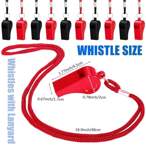 Flutesan 48 Pcs Whistles Bulk with Lanyard Sports Loud Crisp Sound Whistles for Coach Referees Training Emergency - color: Black, Red