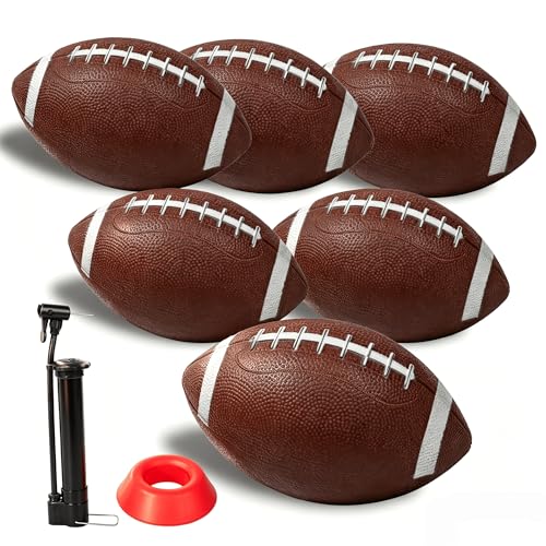 6 Pack 8.3" Inflatable Footballs with Pump and Kicking Tee,Rubber Junior Soft Small Toddler and Mini Footballs, Playground Balls for Kids - color: Brown