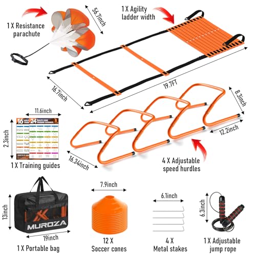 MUROZA Agility Ladder & Soccer Goal Training Set, 20ft Speed Ladder with Cones, Hurdles, Jump Rope & Parachute, Plus 2 Pack Pop Up Kids Soccer Goals with Ball & Cones for Backyard Sports Practice