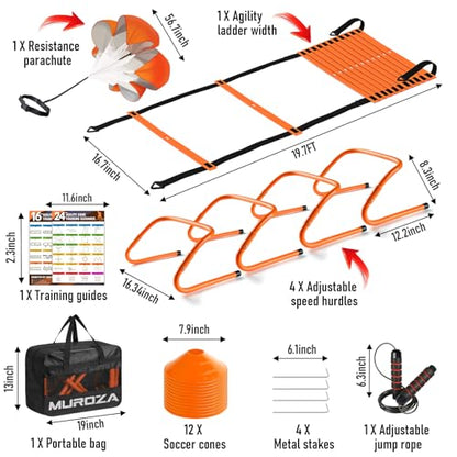 MUROZA Agility Ladder & Soccer Goal Training Set, 20ft Speed Ladder with Cones, Hurdles, Jump Rope & Parachute, Plus 2 Pack Pop Up Kids Soccer Goals with Ball & Cones for Backyard Sports Practice