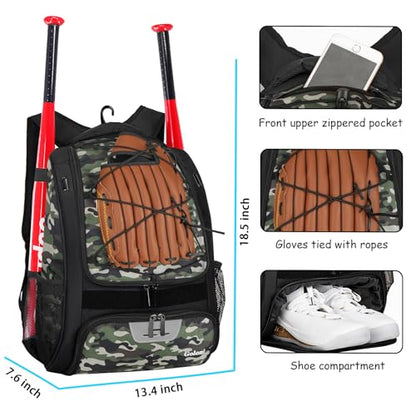 Goloni | Baseball Backpack,Baseball Bag for Adult,Softball Bat Bag with Shoes Compartment,Large Main Compartment for Helmet & accessories, Fence Hook - color: Green camo