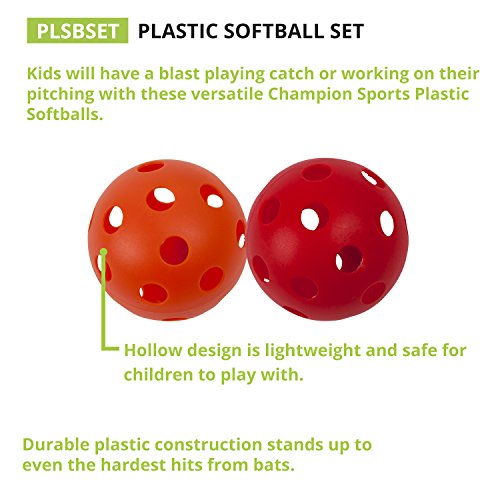 Champion Sports 12" Hollow Plastic Softball Set - Practice Softballs - Regulation Size Balls - Fun for All Ages