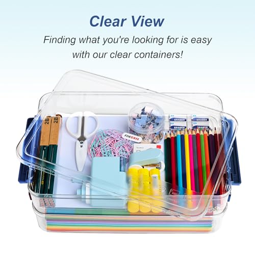 CATOOMUU 16 Pack Clear Plastic Storage Boxes with Lids, 9x13 Inches Shallow Flat, 5.5 Qt, Stackable Cases with Snap-Tight Latch, Organizer for Paper, A4 Files, Documents, Arts, Scrapbooking & Crafts - color: Large-Blue-16packs