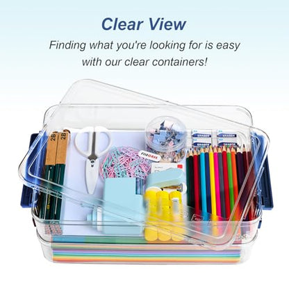CATOOMUU 16 Pack Clear Plastic Storage Boxes with Lids, 9x13 Inches Shallow Flat, 5.5 Qt, Stackable Cases with Snap-Tight Latch, Organizer for Paper, A4 Files, Documents, Arts, Scrapbooking & Crafts - color: Large-Blue-16packs
