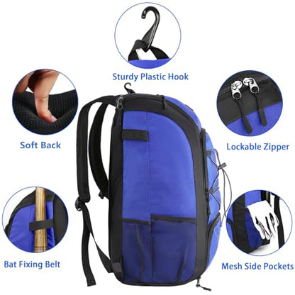 MATEIN Baseball Backpack, Softball Bat Bag with Shoes Compartment for Youth, Boys and Adult, Lightweight Baseball Bag with Fence Hook Hold TBall Bat, Batting Mitten, Helmet, Caps, Teeball Gear - color: Blue, size: 47L