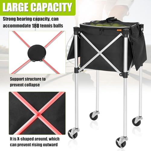 Foldable Tennis Ball Cart Holds 180 Balls Wheeled Tennis Ball Hopper Sports Teaching Carts with Storage Bag, Light Auminum Alloy