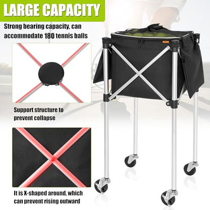 Foldable Tennis Ball Cart Holds 180 Balls Wheeled Tennis Ball Hopper Sports Teaching Carts with Storage Bag, Light Auminum Alloy
