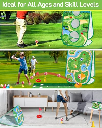 4-In-1 Kids Sticky Golf Games Set With Club, Golf Putting Practice Mat,3-Sided Golf Chipping Net, Multiple Game Modes, Golf Cornhole Board Set, Indoor & Outdoor Golf Practice For Kids & Adults